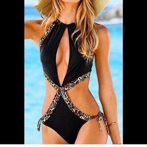 Black and Leopard Print Cutout Swimsuit 3 Selling Together